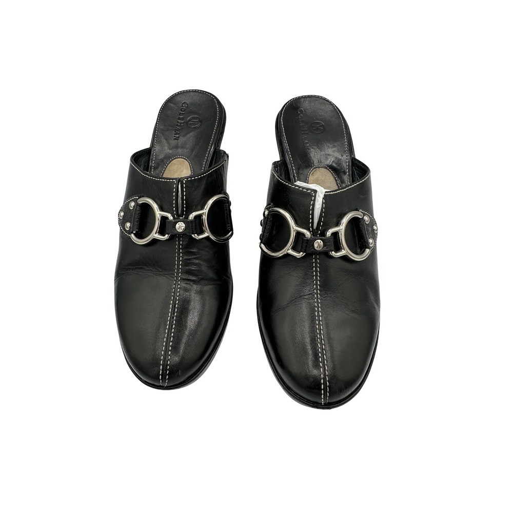 Cole Haan Black Leather Wedge Mules Clogs with Silver Buckle Accent 6.5